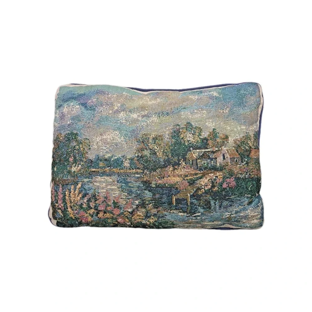Vintage Tapestry Throw Pillow Impressionist Scene Floral Home Water Clouds 11x17